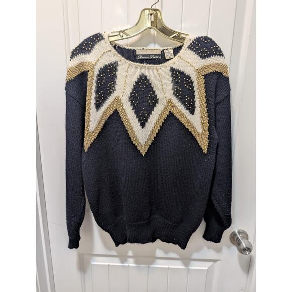 Vintage Dana Scott Womens L Sweater Black & Cream Gold Beads Party Holiday - Picture 2 of 8